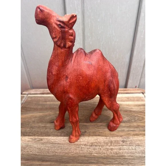 Vintage Hand Carved Wooden Camel Statue Red Toned Wood Figurine Sculpture Large - Picture 2 of 11